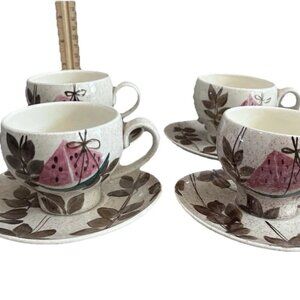 Vintage Red Wing Pottery TAMPICO Handpainted Cup & Saucer - Set of 4